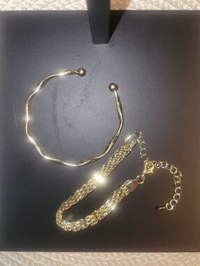 Gold Twist Cuff and Chain Bracelet Set - Women Jewelry
